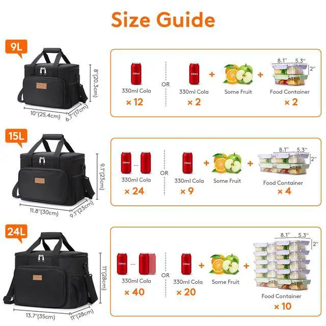 Alt view image 5 of 7 - Medium Lunch Bag, Insulated Lunch Box, Soft Cooler Cooling Tote for Adult Men Women, Black 12-Can (9L)