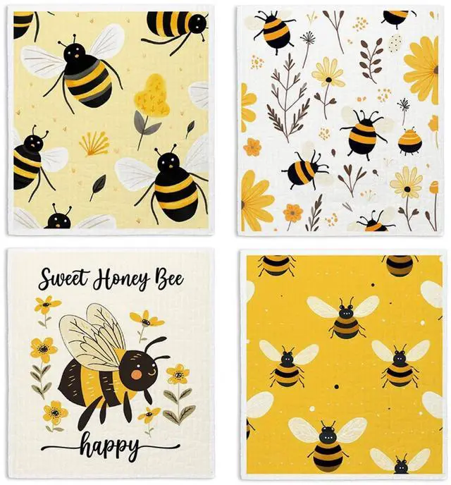 Main image of Bee Flower Yellow Swedish Dishcloths for Kitchen, Swedish Dish Cloths for Bee Happy, Papaya Reusable Paper Towels, 4 Pack Dish Towels for Kitchen, Reusable Paper Towels Washable