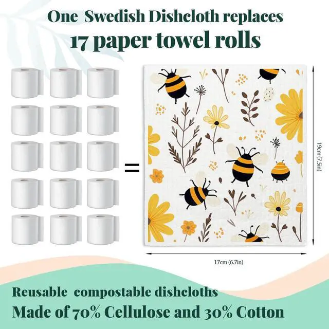 Alt view image 2 of 7 - Bee Flower Yellow Swedish Dishcloths for Kitchen, Swedish Dish Cloths for Bee Happy, Papaya Reusable Paper Towels, 4 Pack Dish Towels for Kitchen, Reusable Paper Towels Washable