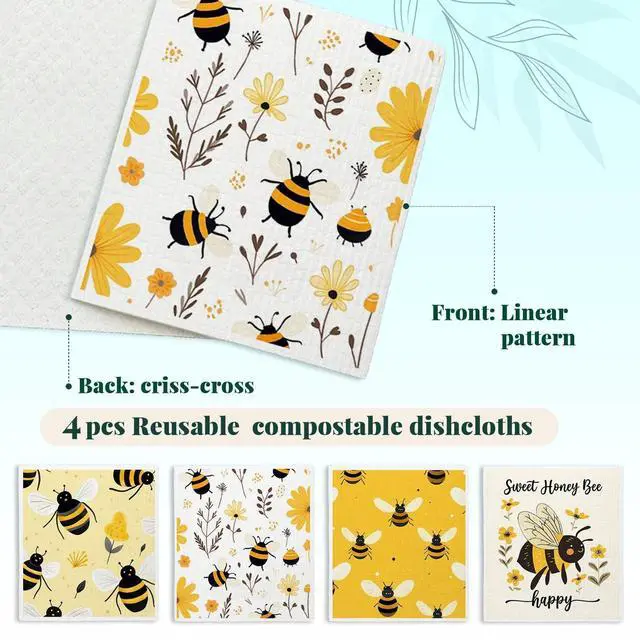 Alt view image 3 of 7 - Bee Flower Yellow Swedish Dishcloths for Kitchen, Swedish Dish Cloths for Bee Happy, Papaya Reusable Paper Towels, 4 Pack Dish Towels for Kitchen, Reusable Paper Towels Washable