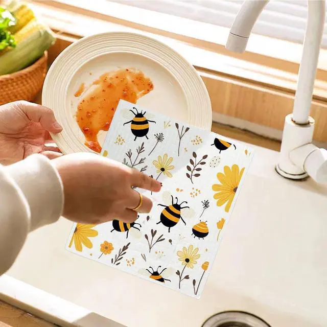 Alt view image 5 of 7 - Bee Flower Yellow Swedish Dishcloths for Kitchen, Swedish Dish Cloths for Bee Happy, Papaya Reusable Paper Towels, 4 Pack Dish Towels for Kitchen, Reusable Paper Towels Washable
