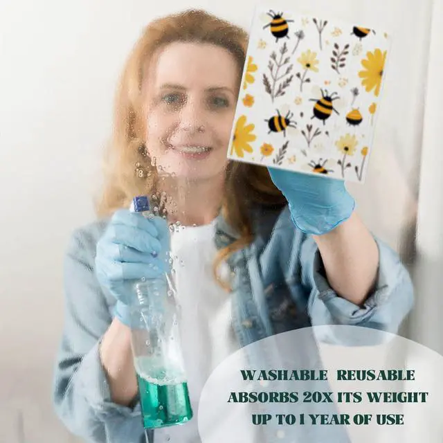 Alt view image 4 of 7 - Bee Flower Yellow Swedish Dishcloths for Kitchen, Swedish Dish Cloths for Bee Happy, Papaya Reusable Paper Towels, 4 Pack Dish Towels for Kitchen, Reusable Paper Towels Washable