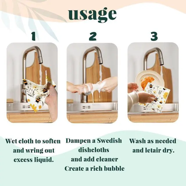 Alt view image 7 of 7 - Bee Flower Yellow Swedish Dishcloths for Kitchen, Swedish Dish Cloths for Bee Happy, Papaya Reusable Paper Towels, 4 Pack Dish Towels for Kitchen, Reusable Paper Towels Washable
