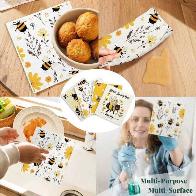 Alt view image 6 of 7 - Bee Flower Yellow Swedish Dishcloths for Kitchen, Swedish Dish Cloths for Bee Happy, Papaya Reusable Paper Towels, 4 Pack Dish Towels for Kitchen, Reusable Paper Towels Washable
