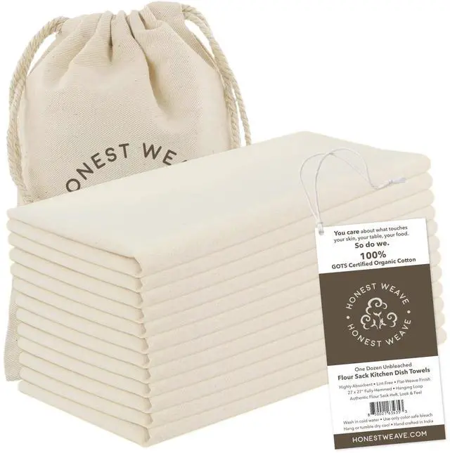 Main image of GOTS Certified 100% Organic Flour Sack Cotton Kitchen Hand and Dish Towel Sets - Extra Large 27x27 inches, Fully Hemmed, 12-Pack, Natural Tan