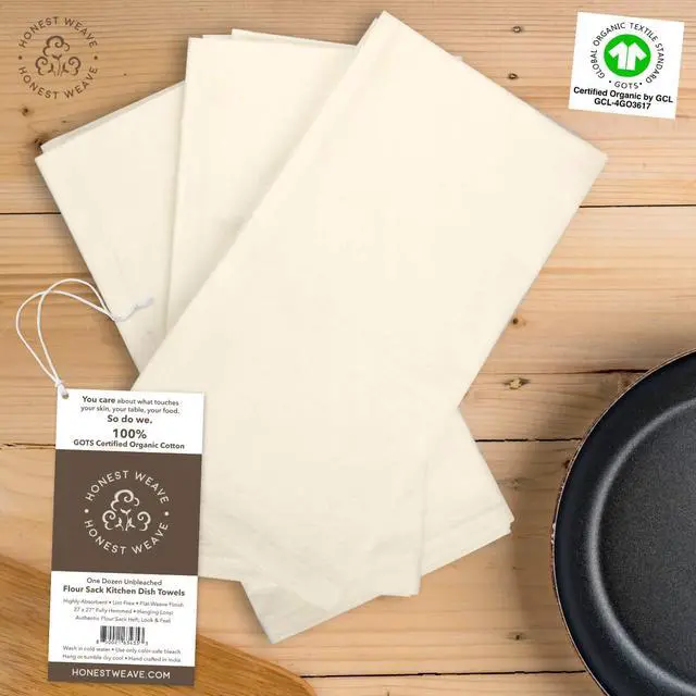 Alt view image 3 of 7 - GOTS Certified 100% Organic Flour Sack Cotton Kitchen Hand and Dish Towel Sets - Extra Large 27x27 inches, Fully Hemmed, 12-Pack, Natural Tan