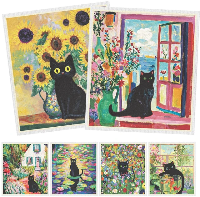 Main image of Swedish Dishcloths for Kitchen, 6 Pack Oil Painting Black Cat Reusable Paper Towels Washable, Absorbent Dish Rags for Washing Dishes Housewarming Gifts