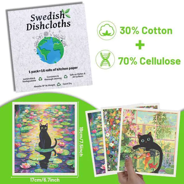 Alt view image 2 of 6 - Swedish Dishcloths for Kitchen, 6 Pack Oil Painting Black Cat Reusable Paper Towels Washable, Absorbent Dish Rags for Washing Dishes Housewarming Gifts
