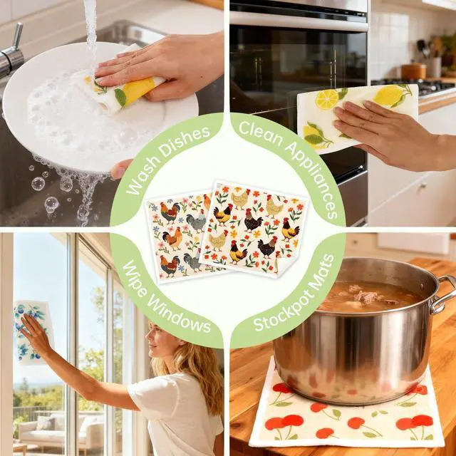 Alt view image 2 of 7 - Swedish Dishcloths for Kitchen, 5 Pack Funny Chicken Reusable Paper Towels with 3 Hooks, Washable Dish Cloth Set, Absorbent Cleaning Cloth for Washing Dishes Housewarming Gifts for Friend