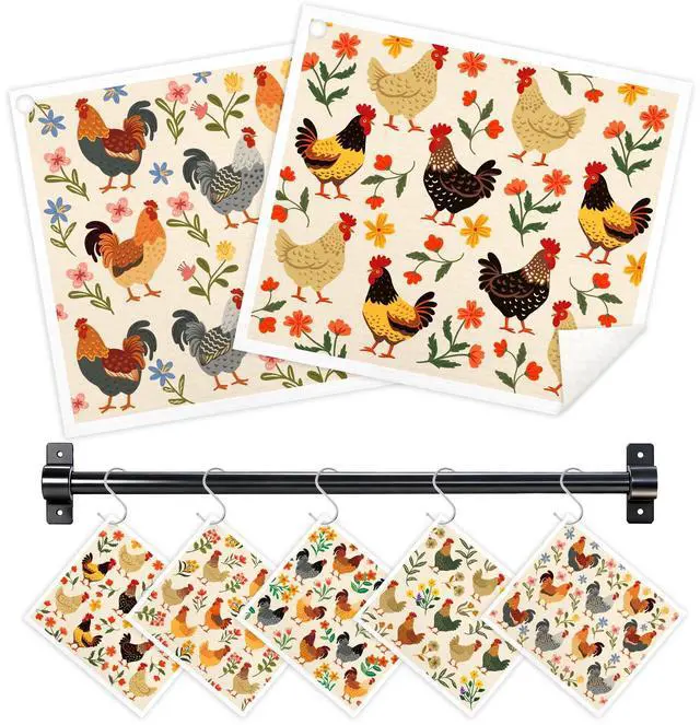 Main image of Swedish Dishcloths for Kitchen, 5 Pack Funny Chicken Reusable Paper Towels with 3 Hooks, Washable Dish Cloth Set, Absorbent Cleaning Cloth for Washing Dishes Housewarming Gifts for Friend