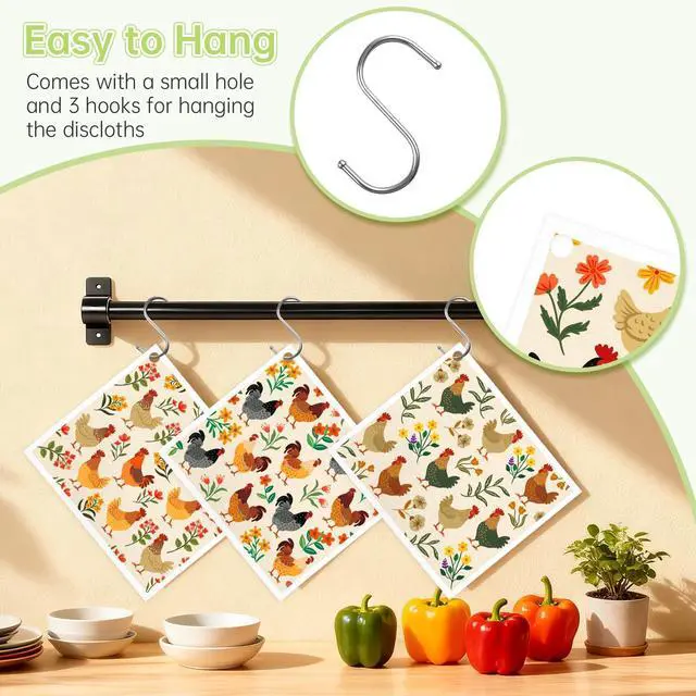 Alt view image 4 of 7 - Swedish Dishcloths for Kitchen, 5 Pack Funny Chicken Reusable Paper Towels with 3 Hooks, Washable Dish Cloth Set, Absorbent Cleaning Cloth for Washing Dishes Housewarming Gifts for Friend