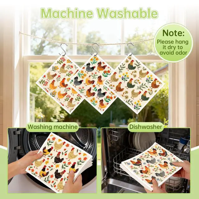 Alt view image 7 of 7 - Swedish Dishcloths for Kitchen, 5 Pack Funny Chicken Reusable Paper Towels with 3 Hooks, Washable Dish Cloth Set, Absorbent Cleaning Cloth for Washing Dishes Housewarming Gifts for Friend