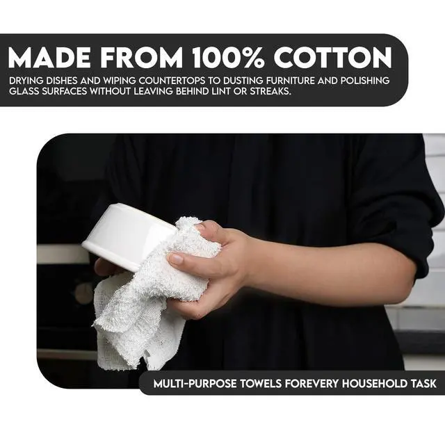 Alt view image 5 of 7 - Terry Bar Mop Towels - 24 Pack (14"x17") White Cotton Terry Cloths, Super Absorbent Cleaning Rags, Reusable Bar Mop Towels for Kitchen, Garage, Salon, Spa & Commercial Use