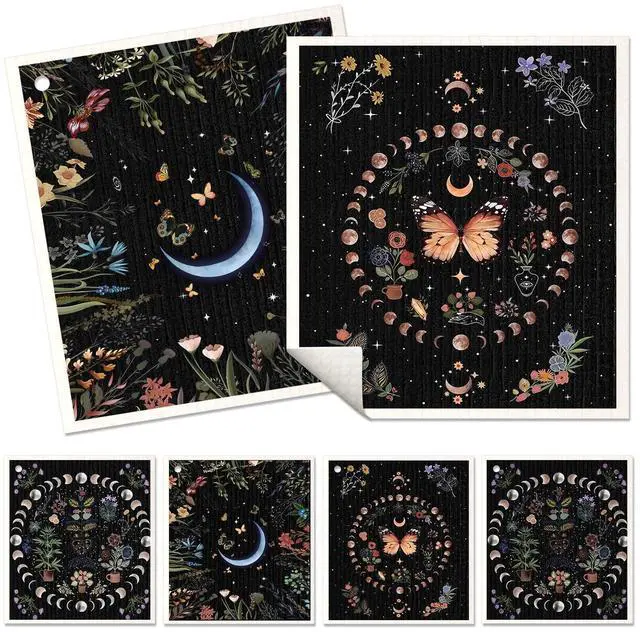 Main image of 6 Pack Swedish Dishcloths for Kitchen - Reusable Dish Cloths for Washing Dishes Absorbent Cute Funny Kitchen Towels Cleaning Sponge, Moon Butterfly