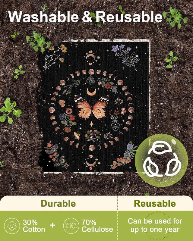 Alt view image 3 of 6 - 6 Pack Swedish Dishcloths for Kitchen - Reusable Dish Cloths for Washing Dishes Absorbent Cute Funny Kitchen Towels Cleaning Sponge, Moon Butterfly