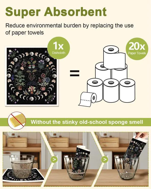 Alt view image 4 of 6 - 6 Pack Swedish Dishcloths for Kitchen - Reusable Dish Cloths for Washing Dishes Absorbent Cute Funny Kitchen Towels Cleaning Sponge, Moon Butterfly