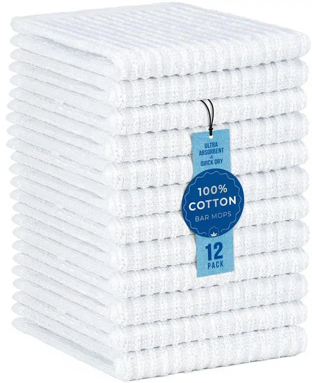 Main image of 12 Pack 100% Cotton Kitchen Towels for Cleaning, 12 x 12 inch, Ultra Absorbent Bar Mops, Heavy Duty, Quick Dry, Machine Washable Dish Towels, Multi-Purpose Cleaning Supplies, White (12 Pack)