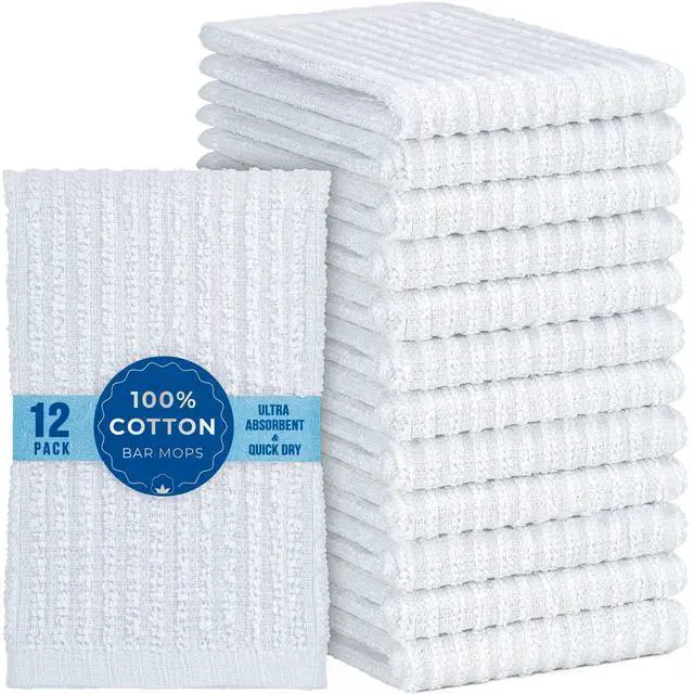 Alt view image 2 of 7 - 12 Pack 100% Cotton Kitchen Towels for Cleaning, 12 x 12 inch, Ultra Absorbent Bar Mops, Heavy Duty, Quick Dry, Machine Washable Dish Towels, Multi-Purpose Cleaning Supplies, White (12 Pack)