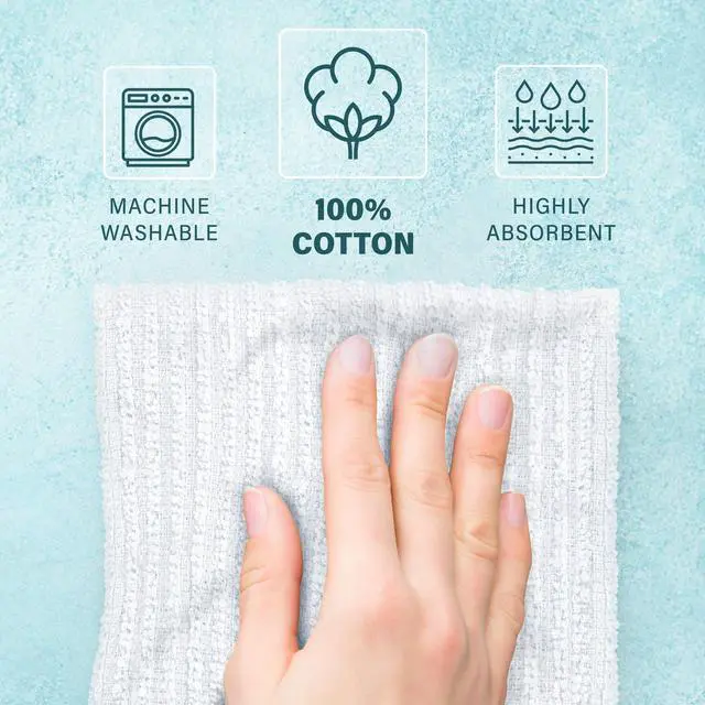 Alt view image 7 of 7 - 12 Pack 100% Cotton Kitchen Towels for Cleaning, 12 x 12 inch, Ultra Absorbent Bar Mops, Heavy Duty, Quick Dry, Machine Washable Dish Towels, Multi-Purpose Cleaning Supplies, White (12 Pack)