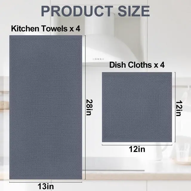 Alt view image 4 of 7 - 100% Cotton Kitchen Towels and Dishcloths Set, 12 x 12 Inches and 13 x 28 Inches, Set of 8 Bulk Kitchen Towels Set, Ultra Soft Absorbent Dish Cloths for Washing Dishes, Dark Grey