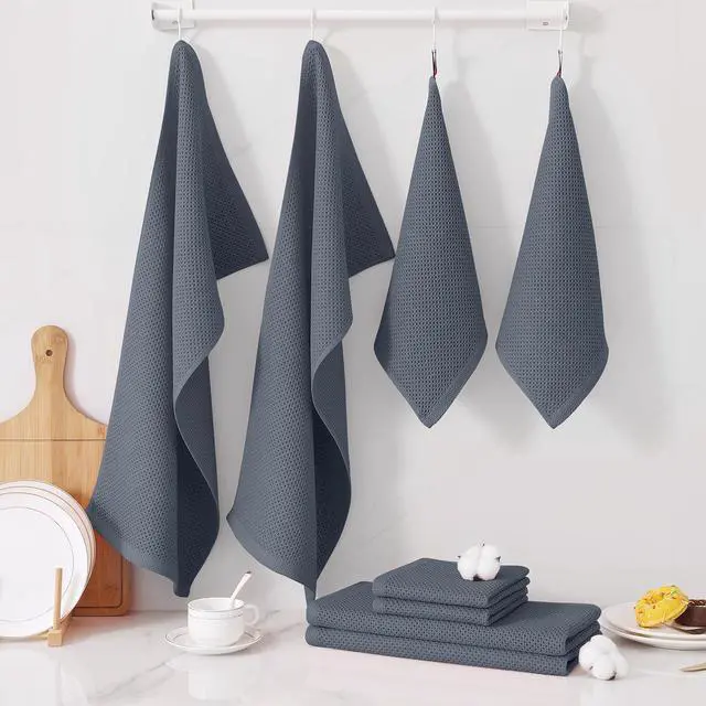 Alt view image 7 of 7 - 100% Cotton Kitchen Towels and Dishcloths Set, 12 x 12 Inches and 13 x 28 Inches, Set of 8 Bulk Kitchen Towels Set, Ultra Soft Absorbent Dish Cloths for Washing Dishes, Dark Grey