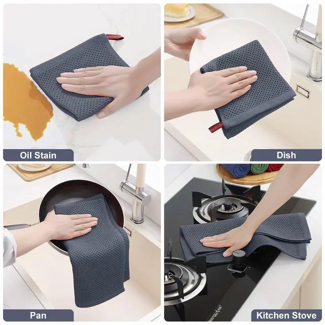 Alt view image 5 of 7 - 100% Cotton Kitchen Towels and Dishcloths Set, 12 x 12 Inches and 13 x 28 Inches, Set of 8 Bulk Kitchen Towels Set, Ultra Soft Absorbent Dish Cloths for Washing Dishes, Dark Grey