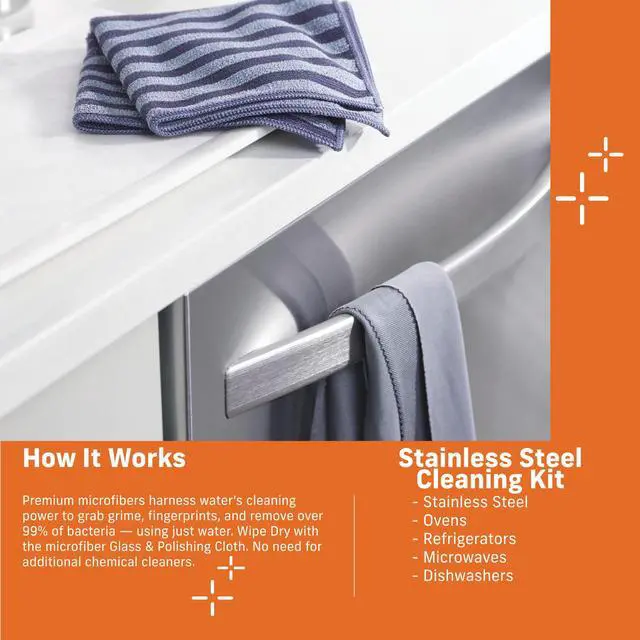 Alt view image 7 of 7 - Stainless Steel Microfiber Cleaning Cloth Pack - Glass & Polishing + Stainless Steel Cleaner Cloth for Appliances, Cars & More, Reusable & Washable Microfiber Towels, Cleans with Water