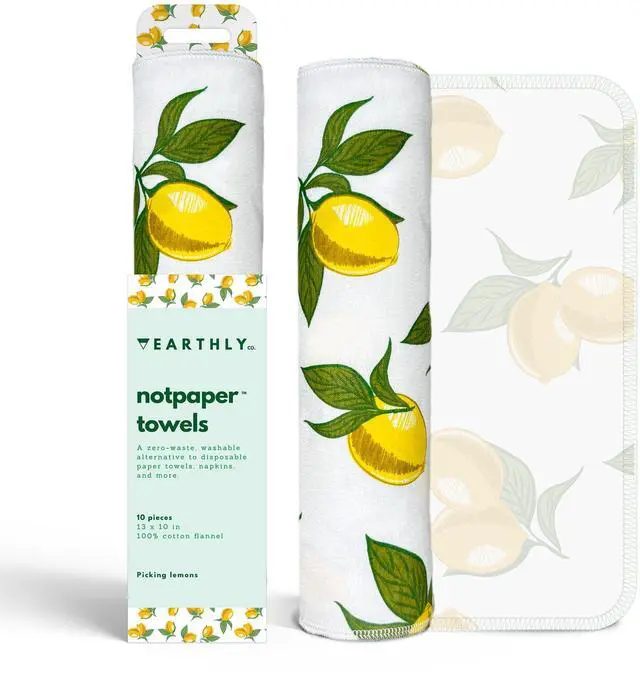 Main image of Reusable Paper Towels - 10 Pack - Roll of Washable Cotton Cloth Paper Towels - Paperless Reusable Napkins Cloth Washable - Absorbent + Long Lasting - Zero Waste Products - (Lemon)