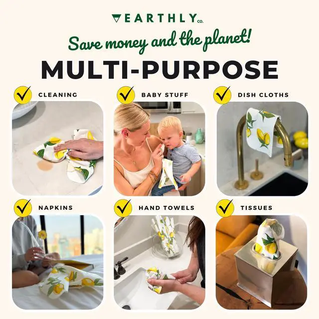 Alt view image 5 of 7 - Reusable Paper Towels - 10 Pack - Roll of Washable Cotton Cloth Paper Towels - Paperless Reusable Napkins Cloth Washable - Absorbent + Long Lasting - Zero Waste Products - (Lemon)