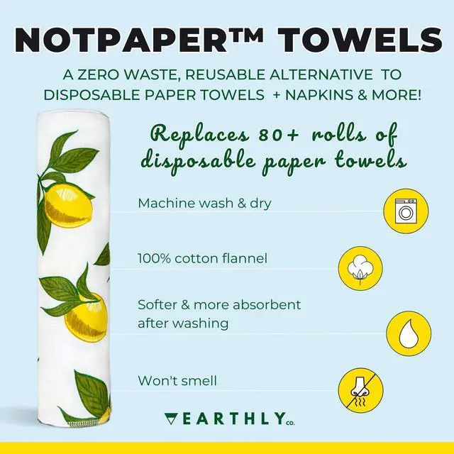 Alt view image 7 of 7 - Reusable Paper Towels - 10 Pack - Roll of Washable Cotton Cloth Paper Towels - Paperless Reusable Napkins Cloth Washable - Absorbent + Long Lasting - Zero Waste Products - (Lemon)