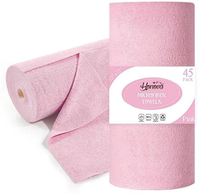 Main image of Microfiber Cleaning Cloth Roll 45 Pack, 12''×12" Reusable Paper Towels, Tear Away Microfiber Towels, Highly Absorbent, All-Purpose Washable Cleaning Rags for Kitchen, Window, Car, Shop (Pink)