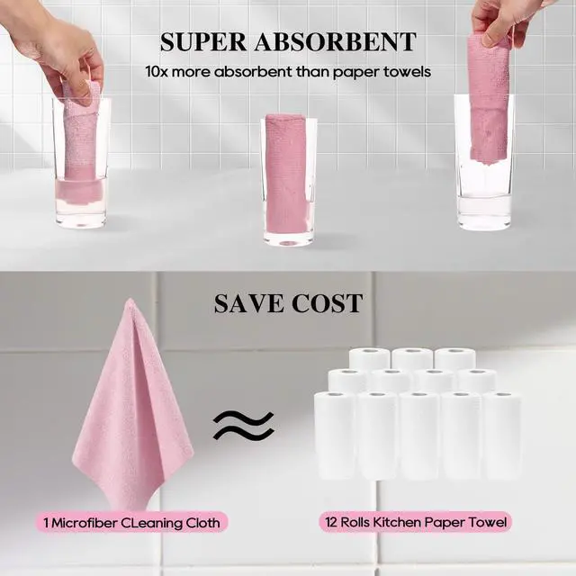 Alt view image 4 of 7 - Microfiber Cleaning Cloth Roll 45 Pack, 12''×12" Reusable Paper Towels, Tear Away Microfiber Towels, Highly Absorbent, All-Purpose Washable Cleaning Rags for Kitchen, Window, Car, Shop (Pink)