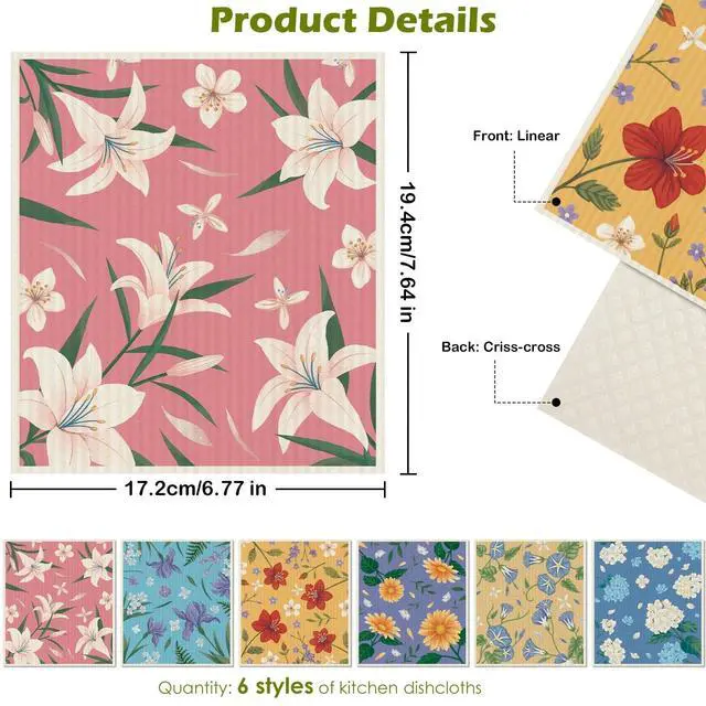 Alt view image 2 of 7 - 6 Packs Swedish Paper Cloths for Kitchen, Reusable Paper Towels Washable Dish Rags, Highly Absorbent Kitchen Towels Quick Drying Swedish Sponge Cleaning Dish Cloths (Lily Floral)