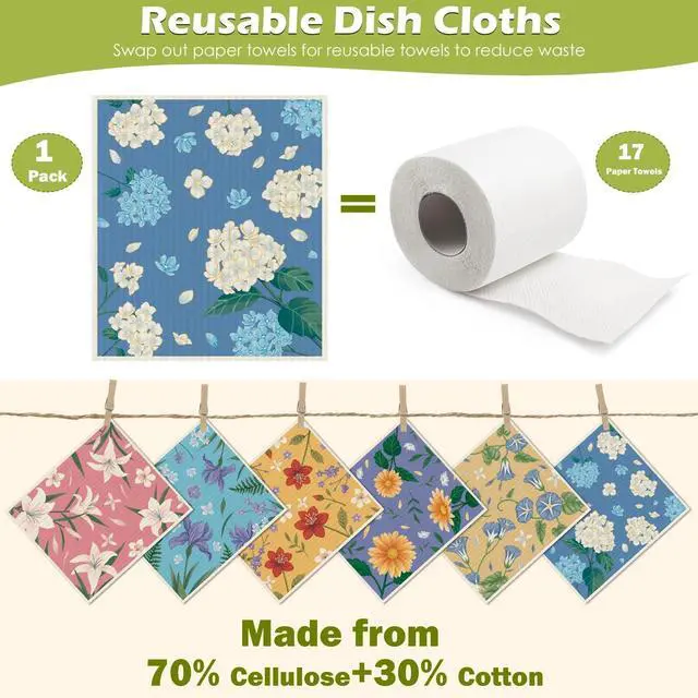 Alt view image 3 of 7 - 6 Packs Swedish Paper Cloths for Kitchen, Reusable Paper Towels Washable Dish Rags, Highly Absorbent Kitchen Towels Quick Drying Swedish Sponge Cleaning Dish Cloths (Lily Floral)