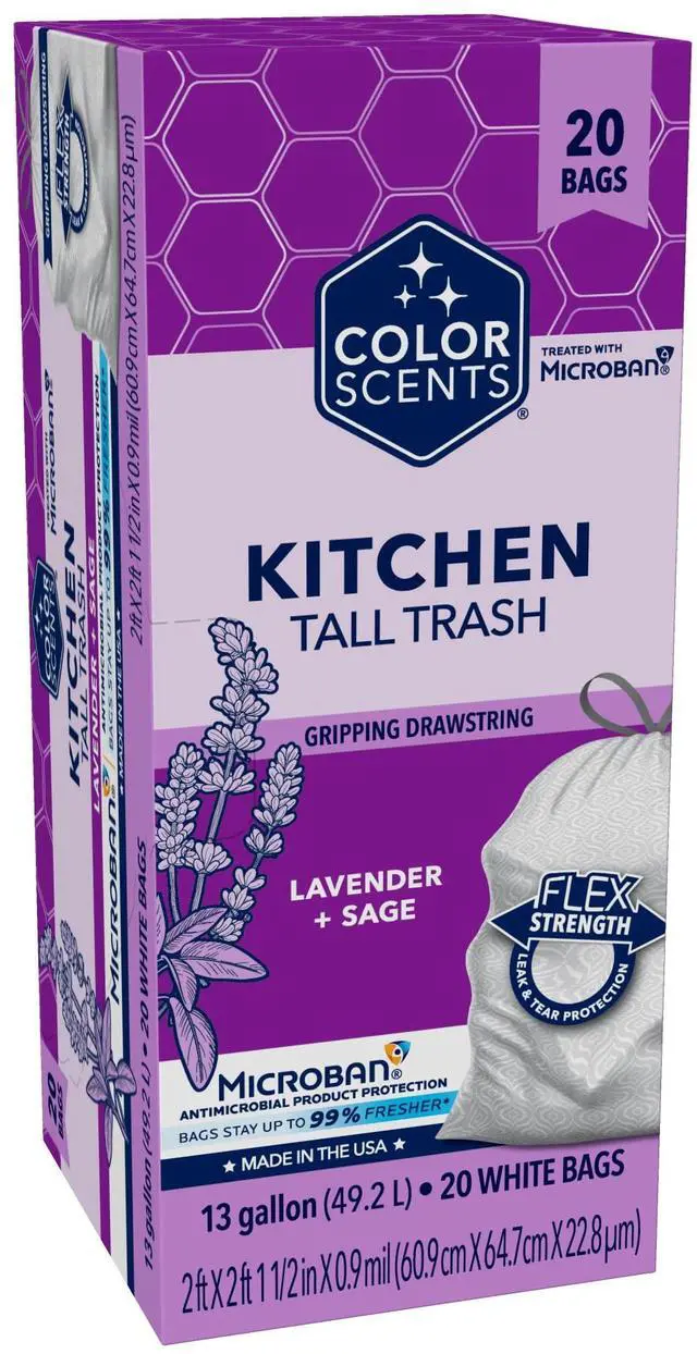 Main image of Tall Kitchen Trash Bags - 13 Gallon, 20 Bags (1 Pack of 20 Bags), Drawstring - White bag in Lavender + Sage Scent with Microban