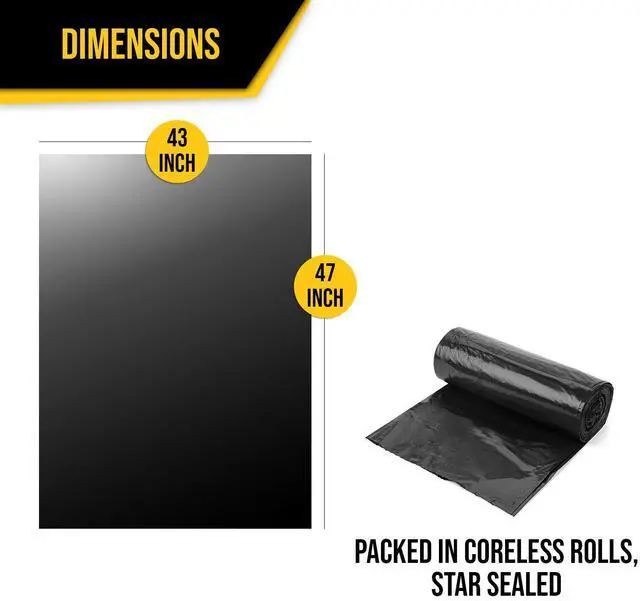 Alt view image 3 of 7 - 3 Ply Trash Bags, 56 Gallon, 1.25 Mil (eq), 43"x47", Black, 100 Count (5 Rolls of 20)