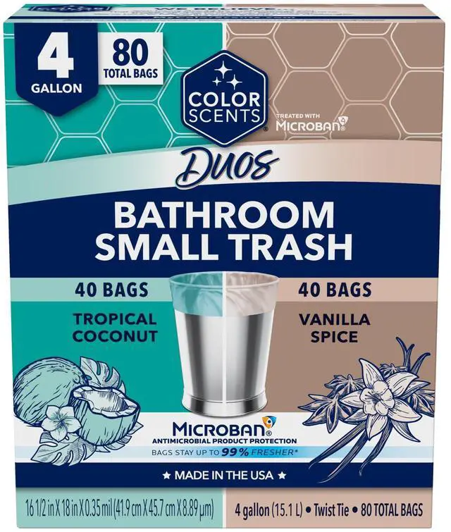 Main image of Small Trash Bags - 4 Gallon, 80 Total Bags (2 Rolls of 40 Count), Twist Tie Duos (2 unique scent + color combinations) with Microban