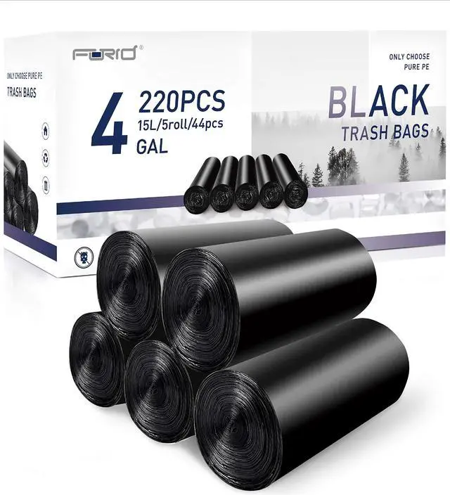 Main image of Small Black Trash Bags, 4 Gallon Garbage Bags, 220 Counts Strong Plastic Trash Can Liners 15 Liter for Kitchen Bathroom Office Waste Basket - Durable & Thick Trash Bag