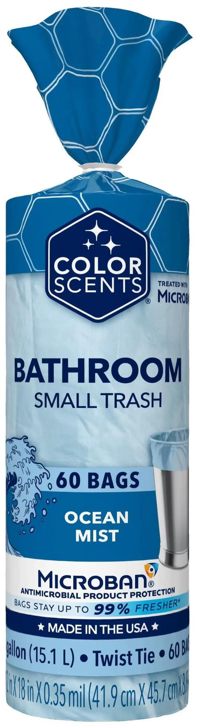 Main image of Small Trash Bags - 4 Gallon, 60 Bags (1 Pack of 60 Count), Twist Tie - Light Blue in Ocean Mist Scent with Microban