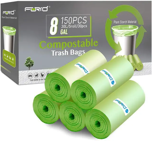 Main image of Compostable Trash Bags - 8 Gallon Garbage Bags 150 Count Trash Can Liners 30 Liter Unscented Medium Wastebasket Bags for Kitchen Bathroom Home Office Garbage Can (5Rolls/Green) - Durable & Thick