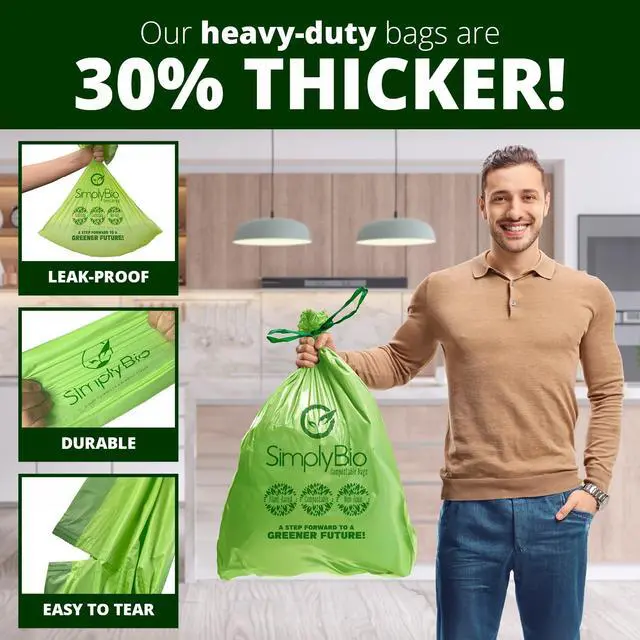 Alt view image 4 of 7 - 13 Gallon Compostable Trash Bags Liners Drawstring, Heavy Duty Extra Thick 1 Mil, 49.21 Liter, 30 Bags, Tall Kitchen Food Scrap Waste Bag, ASTM D6400, US BPI and OK Compost Home Certified