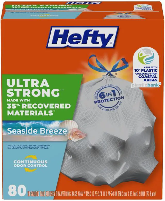 Main image of Ultra Strong 13 Gallon Trash Bags, Tall Kitchen Trash Bags Made with Recovered Materials, Including Coastal Plastic, Drawstring, Resists Leaks and Punctures, Gray, Seaside Breeze Scent, 80 Bags