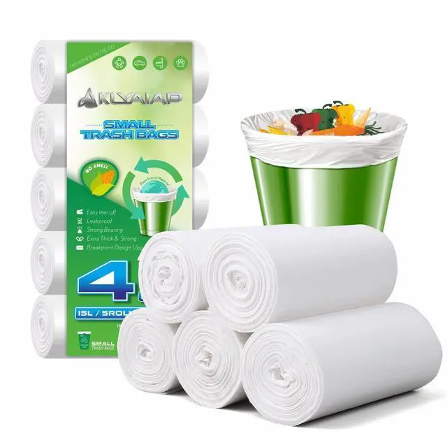 Main image of 220 Counts 4 Gallon Trash Bag,Tear & Leak Resistant Bathroom Biodegradable Small Garbage Can Bags Unscented for Home & Kitchen, 5Rolls, White