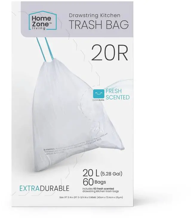 Main image of 5.3 Gallon Kitchen Trash Bags with Drawstring Handles, Heavy Duty Custom Fit Design for 20 Liter Dual Recycling Liners, Code 20R, 60-Count
