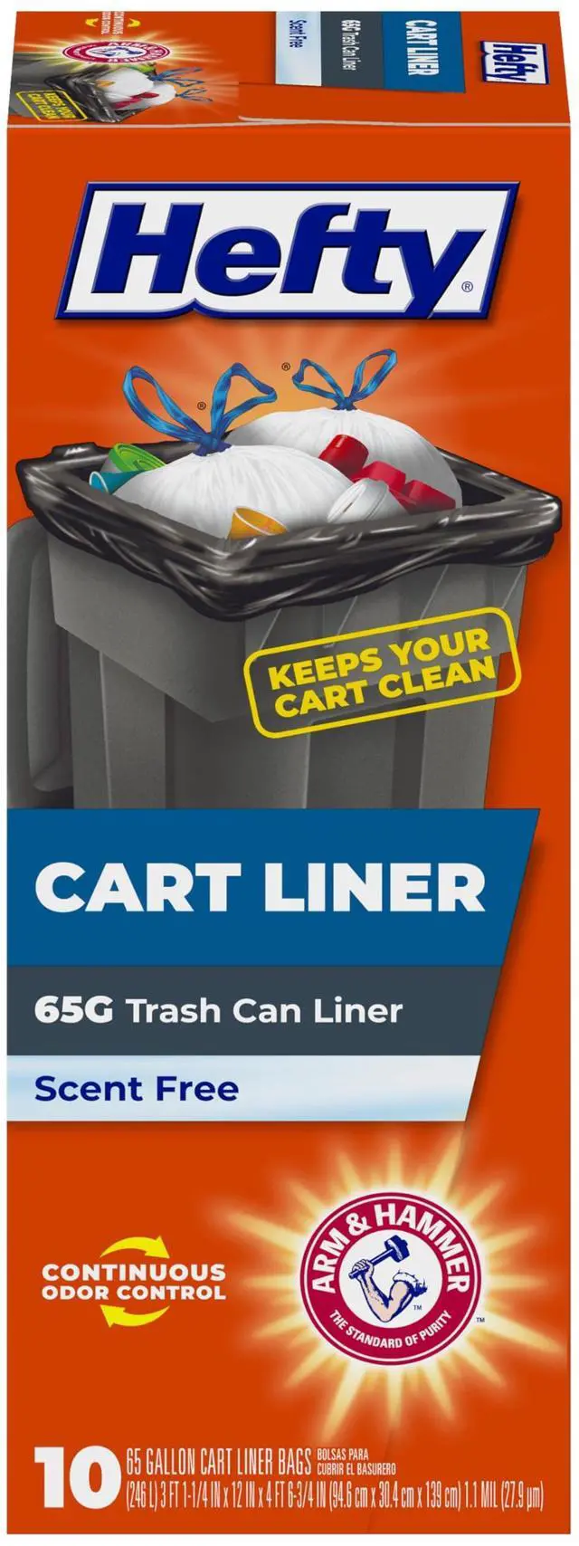 Main image of Cart Liner Trash Bags, 65 Gallon, 10 Bags (Scent Free, ARM & HAMMER Odor Control, Drawstring)