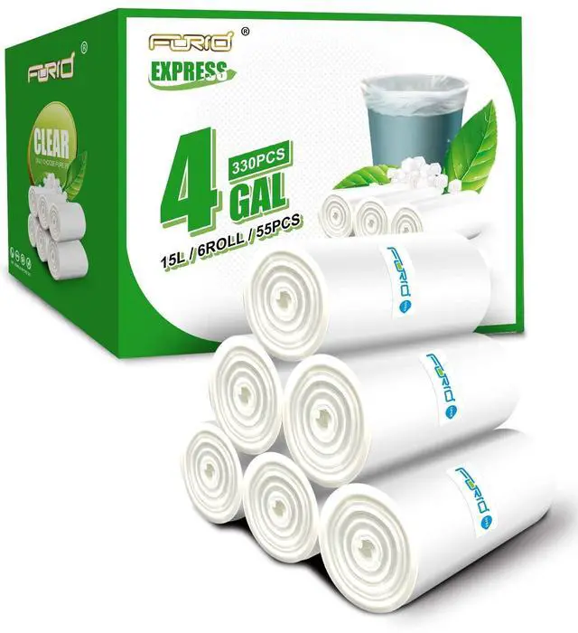 Main image of Clear Small Trash Bags, 4 Gallon Garbage Bags, Wastebasket Bin Liners 330 Count Plastic Trash Bags for Bathroom Bedroom Office Trash Can 15 Liters - Durable & Thick Trash Bag