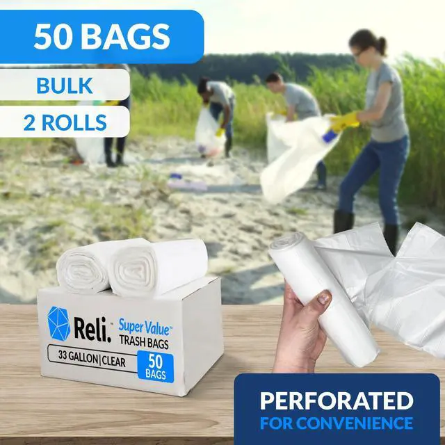 Alt view image 2 of 7 - 33 Gallon Trash Bags Heavy Duty | 50 Trash Bags with Ties | Super Sizeable, Clear, Serious Garbage Cleanup