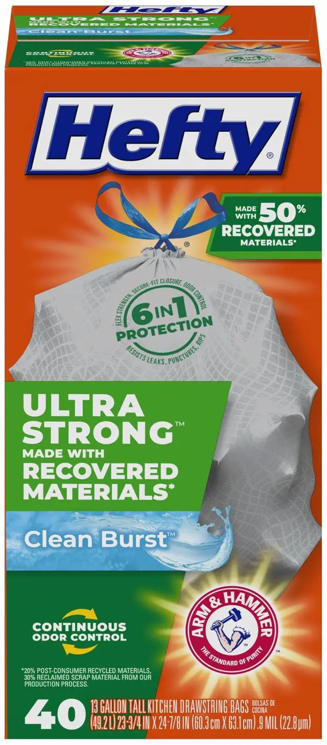 Main image of Ultra Strong Made with 50% Recovered Materials* Tall Kitchen Trash Bags, Gray, Clean Burst, 13 Gallon, 40 Count
