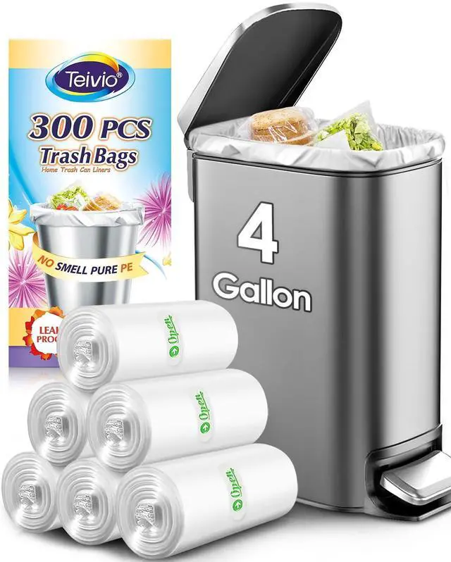 Main image of Small Trash Bags 4 Gallon 300 Counts Garbage Bags, Bathroom Trash Can Bin Liners, Small Plastic Bags for home office kitchen, fit 12-15 Liter, 3,3.5,4.5 Gal, Clear