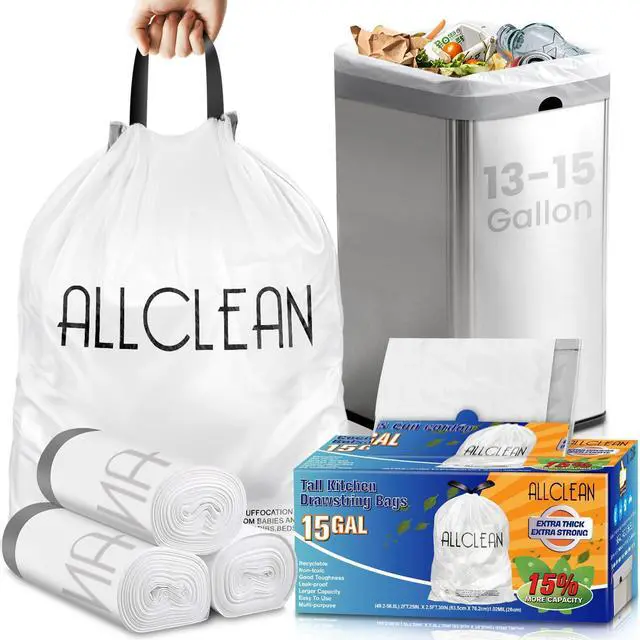 Main image of Trash Bags 15 Gallon Tall Kitchen Drawstring Garbage Bags,Fit 13-15 Gal Bins,Extra Strong&Leak-Proof,Unscented&Recyclable Trash Can Liners for Home Office Industrial Bathroom Garden Lawn